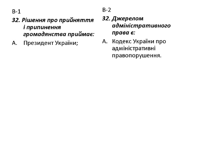 В-1 32. Рішення про прийняття і припинення громадянства приймає: Президент України; В-2 32. Джерелом
